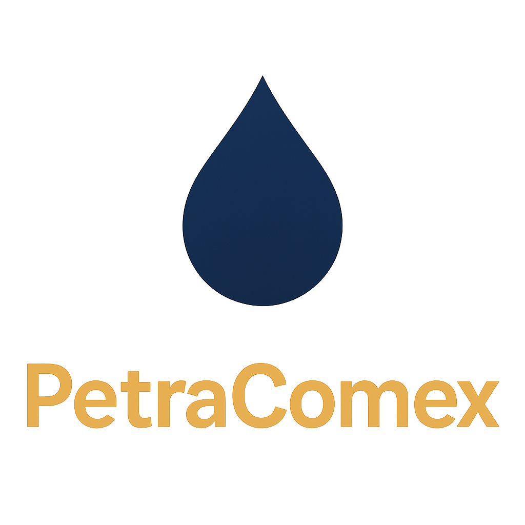 PetraComex logo with navy oil droplet and golden company name